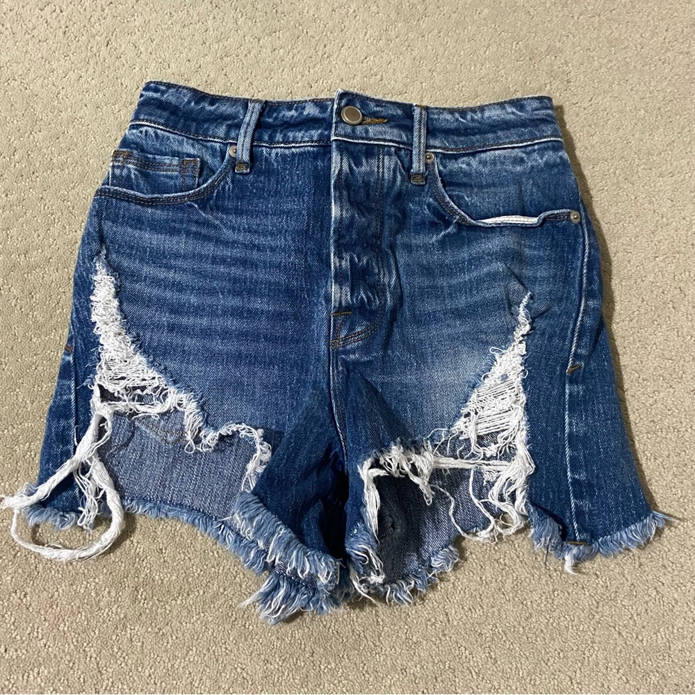 Good American Blue Distressed High Waisted Jean Shorts